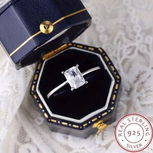 💋Solid Sterling Silver (92.5) Radiant Cut Classic Solitaire CZ Diamond Ring